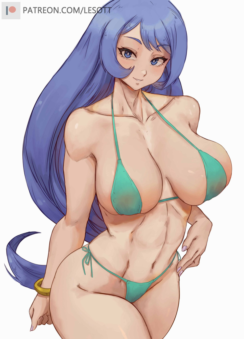 1girl absurdres alterlesott bangs bikini blue_eyes blue_hair blush boku_no_hero_academia bracelet breasts cleavage collarbone cowboy_shot hadou_nejire highres huge_breasts jewelry long_hair looking_at_viewer nail_polish navel patreon_username smile solo swimsuit thighs thong_bikini very_long_hair white_background