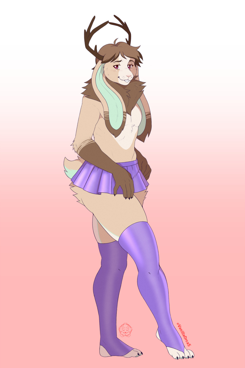 2022 absurd_res anthro antlers bottomwear chest_tuft clothing collaboration floppy_ears girly hi_res horn lagomorph legwear leporid long_ears male mammal nub_tail rabbit ryukawa skirt solo stockings sunny_(lucentleader) tuft vanillaorca