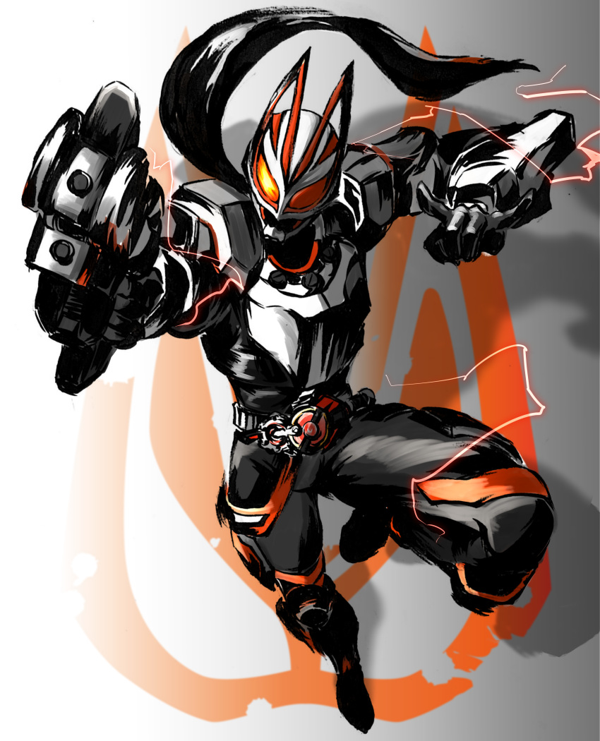 1boy absurdres armor belt electricity foreshortening fox_shadow_puppet gun highres holding holding_gun holding_weapon kamen_rider kamen_rider_geats kamen_rider_geats_(series) kintsuba_(kintsuba_08) male_focus orange_eyes outstretched_arm scarf shadow solo tokusatsu weapon white_background