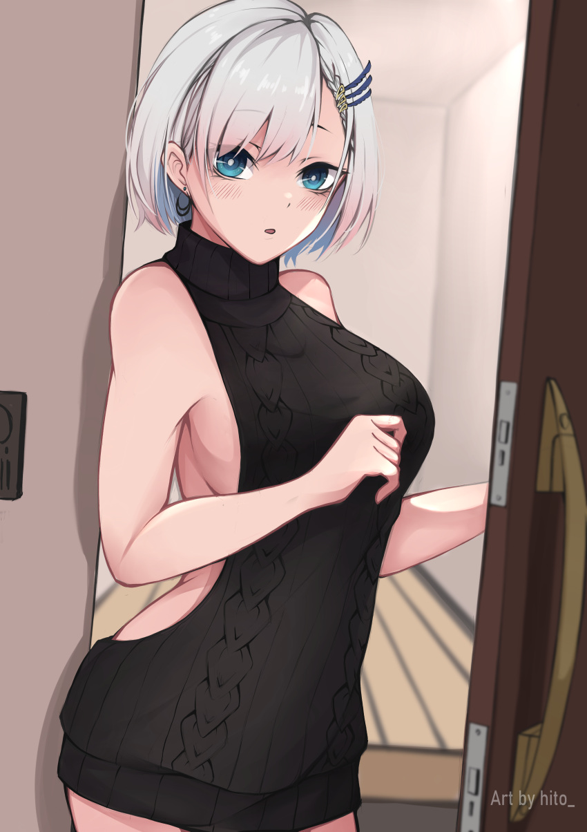 1girl absurdres aran_sweater backless_outfit bare_shoulders black_sweater blue_eyes breasts bright_pupils cowboy_shot door doorway dress dutch_angle earrings grey_hair hair_ornament hairclip hands_up highres hitozche hololive indoors jewelry large_breasts looking_at_viewer medium_hair meme_attire no_bra open_mouth pantyhose pavolia_reine sideboob sideless_outfit sleeveless sleeveless_sweater solo sweater sweater_dress virgin_killer_sweater virtual_youtuber