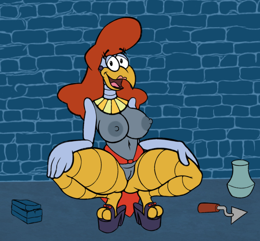 adventures_of_sonic_the_hedgehog anthro areola avian bird breasts chicken clothing female footwear galliform gallus_(genus) genitals gold_(metal) gold_jewelry hair hi_res high_heels jewelry lipstick machine makeup navel necklace nipples open_mouth phasianid pussy raki_boi red_hair robot scratch_(adventures_of_sonic_the_hedgehog) sega solo sonic_the_hedgehog_(series) squatting_position