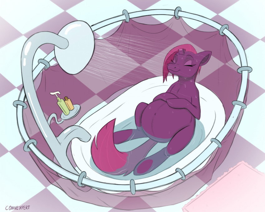 2022 bathing bathroom bathtub belly big_belly broken_horn checkered_floor convexpert crossed_arms equid equine eyes_closed female feral friendship_is_magic horn horse lying mammal my_little_pony my_little_pony:_the_movie_(2017) navel nude on_back outie_navel partially_submerged pony pregnant pregnant_female shampoo shower shower_curtain showering smile soap solo tail_between_legs tempest_shadow_(mlp) wet