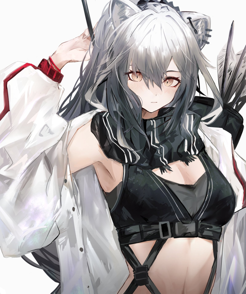1girl arknights arrow_(projectile) bare_shoulders black_scarf breasts brown_eyes cat cleavage closed_mouth crop_top ear_piercing grey_hair highres jacket long_hair long_sleeves looking_at_viewer medium_breasts off_shoulder open_clothes open_jacket photoshop_(medium) piercing quiver scarf schwarz_(arknights) sikinose_val simple_background solo unbuttoned white_background white_jacket