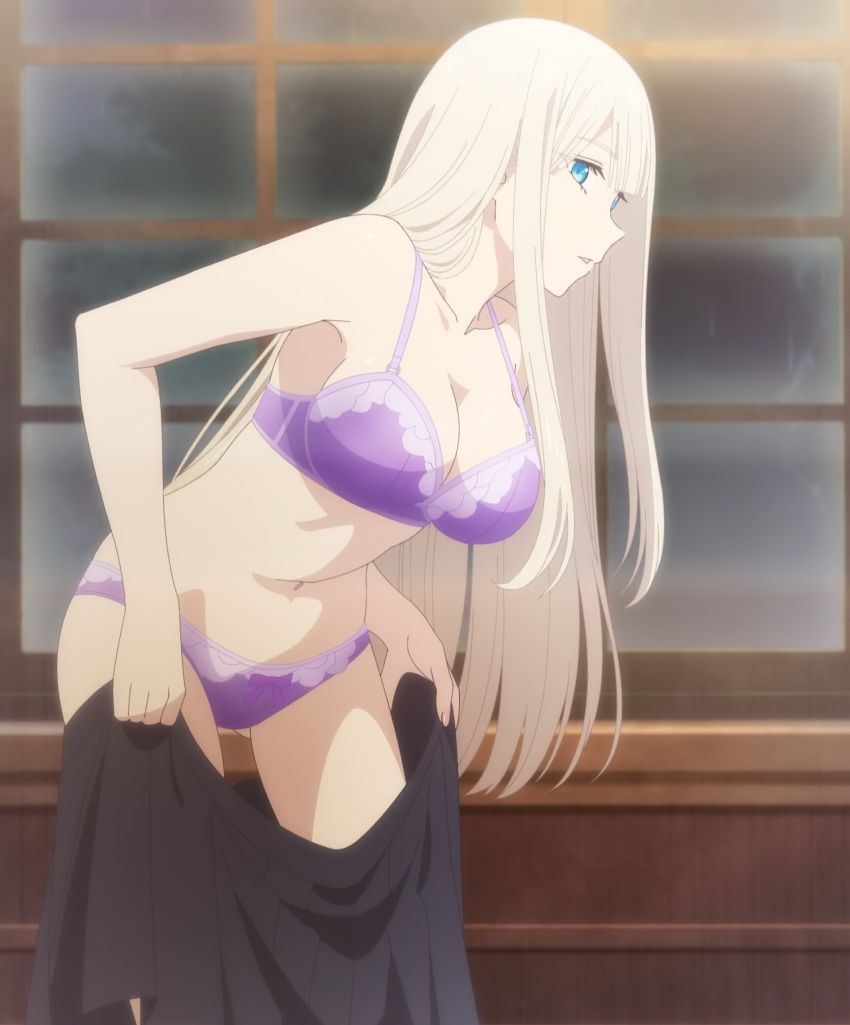 1girl anime_screencap bare_shoulders blue_eyes bow bra breasts cleavage elena_kimberlight highres kinsou_no_vermeil long_hair looking_at_viewer navel open_mouth panties purple_bra purple_panties skirt solo third-party_source underwear undressing window