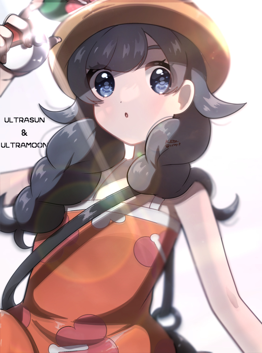 :o absurdres arm_up bag bangs black_hair blue_eyes braid eyes_visible_through_hair flower hat highres holding holding_poke_ball kurumiya_(krmy_p) lens_flare long_hair looking_at_viewer orange_shirt poke_ball pokemon pokemon_(game) pokemon_usum red_flower selene_(pokemon) shirt shoulder_bag signature sleeveless sleeveless_shirt sun_hat swept_bangs twin_braids white_background