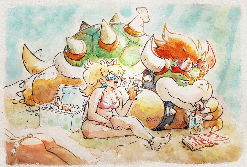 1girl ass bikini blonde_hair bowser bracelet claws collar crown drinking drinking_straw highres horns jewelry limited_palette mario_(series) mini_crown princess_daisy princess_peach red_hair schpog sitting smile spiked_bracelet spiked_collar spiked_shell spiked_tail spikes star-shaped_eyewear swimsuit tail thick_eyebrows