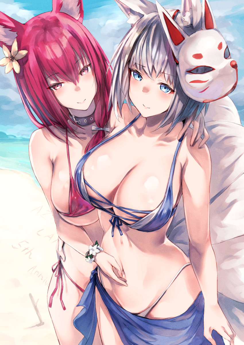 2girls alexi_oekaki animal_ears azur_lane bangs bikini blush breasts chiyoda_(azur_lane) chiyoda_(shimmering_surf)_(azur_lane) cleavage closed_mouth commentary_request fox_ears grey_hair hair_ornament highres kaga_(azur_lane) kaga_(everlasting_killing_stone)_(azur_lane) large_breasts long_hair looking_at_viewer mask mask_on_head multiple_girls official_alternate_costume outdoors red_bikini red_hair smile swimsuit