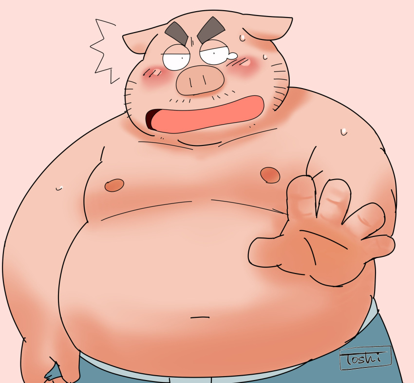 2022 5_fingers absurd_res anthro belly big_belly blush bodily_fluids domestic_pig fingers hi_res humanoid_hands kemono male mammal moobs navel nipples overweight overweight_male simple_background solo suid suina sus_(pig) tears toshi_(artist)