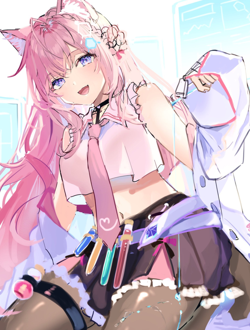 1girl :d animal_ear_fluff belt black_skirt blue_eyes breasts brown_pantyhose commentary coyote_ears crop_top crop_top_overhang cropped_shirt frilled_skirt frills hakui_koyori highres hologram hololive jacket labcoat long_hair long_sleeves looking_at_viewer navel necktie no_shoes open_mouth pantyhose pink_hair pink_necktie see-through see-through_shirt shirt skirt sleeveless sleeveless_shirt smile solo spill thigh_strap usushio very_long_hair vial virtual_youtuber white_belt white_jacket white_shirt