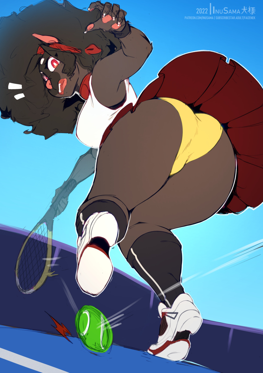 2022 5_fingers absurd_res afro anthro aryn_(the_dogsmith) ball big_breasts black_hair breasts brown_body brown_fur canid canine canis clothing colored digital_media_(artwork) domestic_dog dutch_angle emanata female fingers fur hair hi_res holding_tennis_racket humanoid_hands looking_back low-angle_view mammal monotone_body monotone_fur monotone_hair motion_lines outside panties pink_nose pit_bull red_eyes shirt solo standing surprise tank_top tennis_ball tennis_racket the_dogsmith topwear underwear upskirt white_clothing white_shirt white_tank_top white_topwear wide_hips worm's-eye_view yellow_clothing yellow_panties yellow_underwear