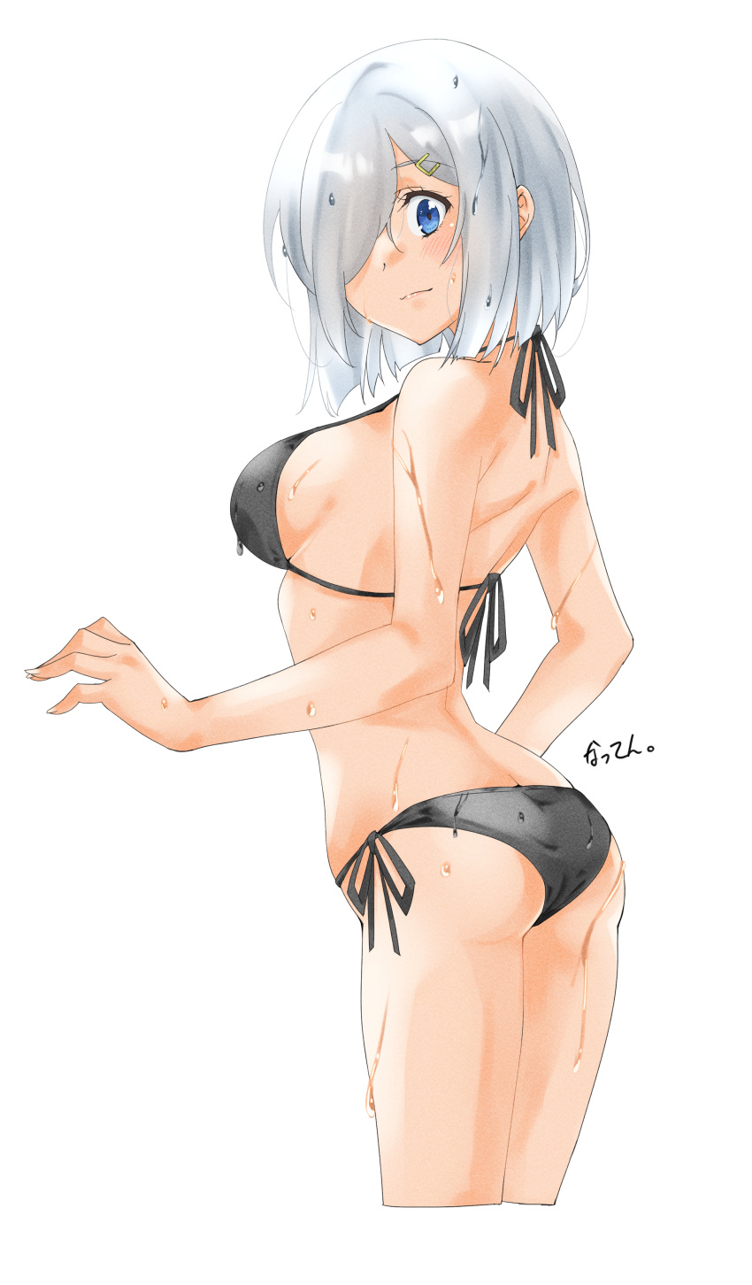 1girl absurdres ass bikini black_bikini blue_eyes breasts cowboy_shot cropped_legs hair_ornament hair_over_one_eye hairclip hamakaze_(kancolle) highres kantai_collection large_breasts looking_at_viewer maonatten short_hair side-tie_bikini_bottom simple_background solo standing swimsuit wet wet_clothes wet_swimsuit white_background white_hair