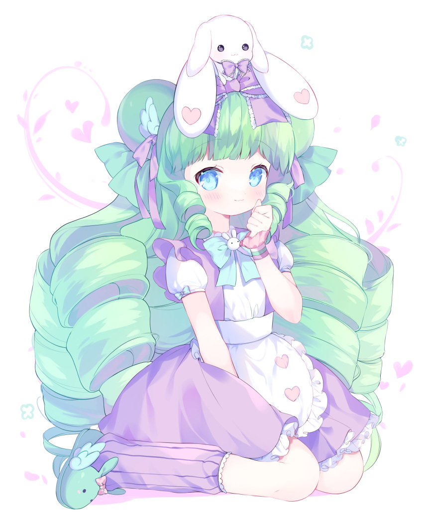 1girl absurdres animal animal_on_head animal_slippers apron blue_bow blue_eyes blush bow bunny_slippers closed_mouth commission drill_hair frilled_apron frills full_body green_footwear green_hair hair_bow hand_up highres long_hair miruku_(cutesuu) on_head original puffy_short_sleeves puffy_sleeves purple_bow purple_skirt purple_socks rabbit shirt short_sleeves sitting skirt slippers smile socks solo suspender_skirt suspenders suzuhara_(13yuuno) very_long_hair waist_apron wariza white_apron white_shirt wrist_cuffs