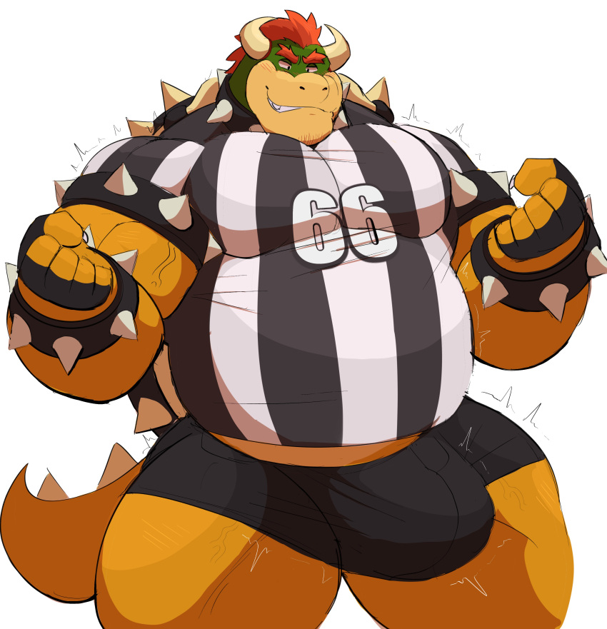 2022 absurd_res anthro armband barazoku belly biceps big_bulge big_muscles bottomwear bowser bracelet bulge claws clothed clothing collar eyebrows facial_hair fingerless_gloves flexing gloves hair handwear hi_res horn huge_bulge huge_muscles huge_thighs jersey jewelry koopa male mario_bros motion_lines musclegut muscular muscular_anthro muscular_male nintendo number overweight overweight_anthro overweight_male pecs scalie shell shorts simple_background smile solo spiked_armband spiked_bracelet spiked_collar spiked_shell spiked_tail spikes spikes_(anatomy) standing stubble teeth thick_thighs tight_clothing vein video_games vitashi white_background