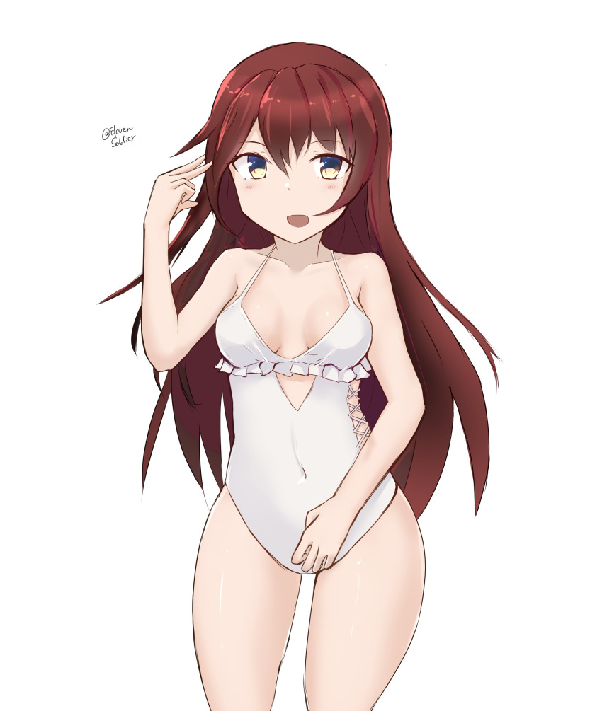 1girl absurdres breasts brown_hair casual_one-piece_swimsuit commentary_request cosplay frilled_swimsuit frills gradient_eyes grey_eyes highres kantai_collection kisaragi_(kancolle) long_hair medium_breasts minoa_11touhei multicolored_eyes one-hour_drawing_challenge one-piece_swimsuit sagiri_(kancolle) sagiri_(kancolle)_(cosplay) simple_background solo swimsuit white_background white_one-piece_swimsuit yellow_eyes