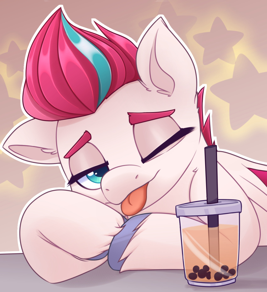 beverage blue_eyes bubble_tea container cup digital_media_(artwork) equid equine eyebrows female feral fur hair hasbro hi_res hooves horse mammal mlp_g5 my_little_pony one_eye_closed pegasus pink_hair pony rivin177 smile solo straw tongue tongue_out white_body white_fur wings wink ych_result zipp_storm_(mlp)