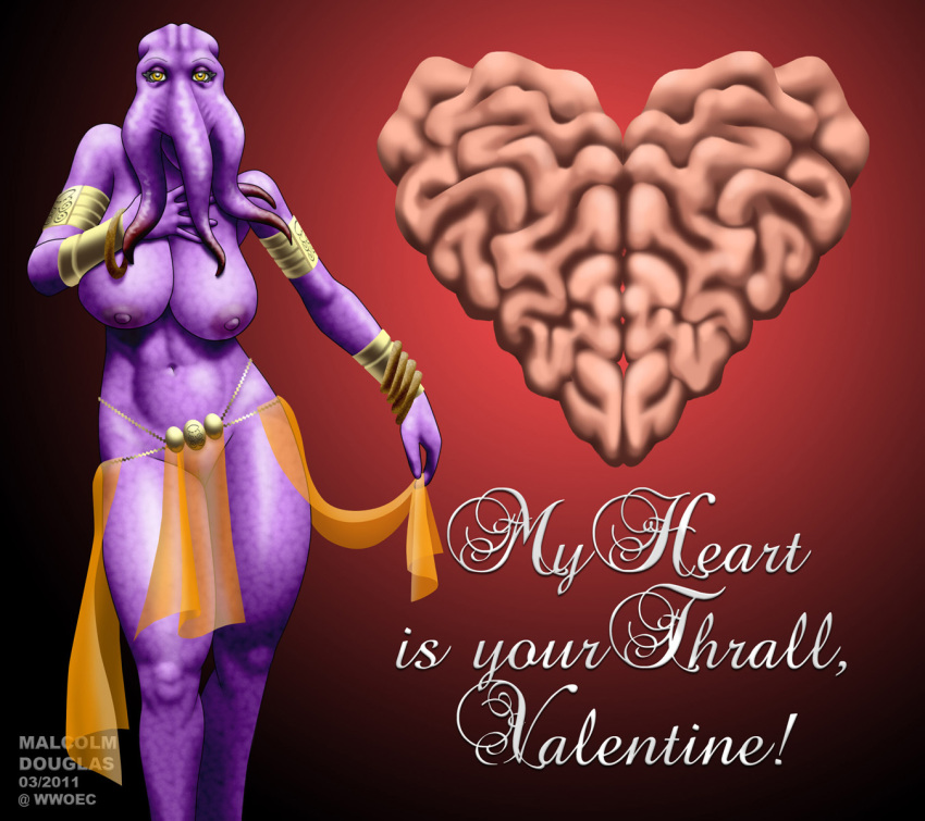 &lt;3 animal_humanoid areola armlet big_breasts bracelet breasts cephalopod cephalopod_humanoid clothing dancewear dungeons_and_dragons female harem_outfit hasbro hi_res holidays humanoid jewelry looking_at_viewer malcolm_douglas marine marine_humanoid mind_flayer mollusk mollusk_humanoid nipples purple_body purple_skin simple_background solo tentacles text valentine's_day valentines_day_card wizards_of_the_coast yellow_eyes