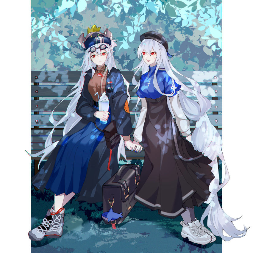 2girls absurdres alternate_costume anfeita arknights bag bag_charm bangs bench beret black_bag black_headwear black_skirt blue_coat blue_nails blue_shirt blue_skirt charm_(object) coat commentary creature_on_head cross cross_necklace eyewear_on_head food glasses grey_hair hand_grab handbag hat highres holding holding_food jewelry juliet_sleeves leaf long_coat long_hair long_sleeves metal_crab_(arknights) multiple_girls necklace open_mouth orca park_bench puffy_sleeves red_eyes school_bag shark sharp_teeth shirt shoes sitting skadi_(arknights) skirt smile sneakers specter_(arknights) teeth very_long_hair