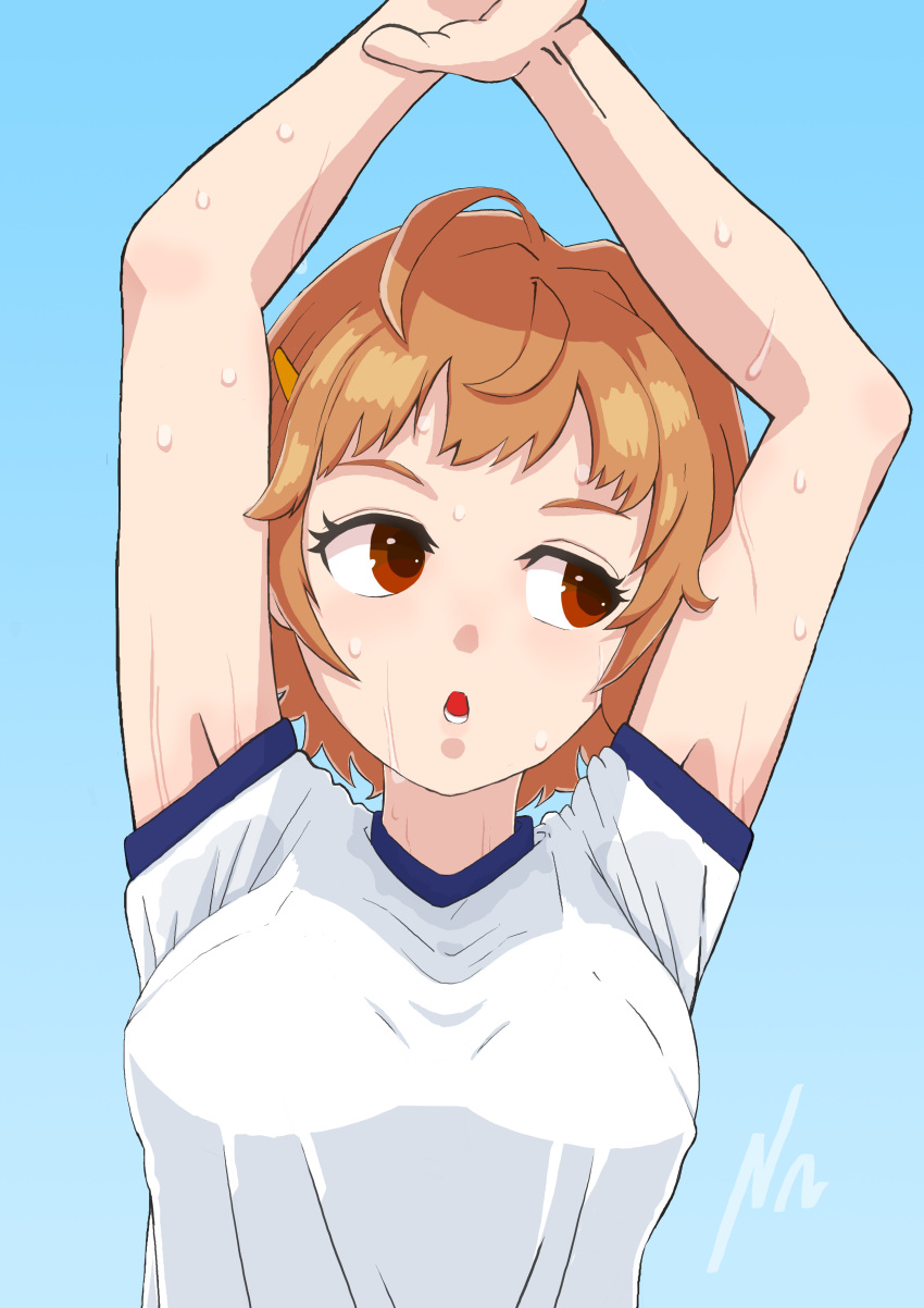 1girl absurdres ahoge arms_up bangs blue_background bra_visible_through_clothes breasts eyelashes gym_shirt gym_uniform highres juusan_kihei_bouei_ken looking_away medium_breasts minami_natsuno nishimagi orange_hair parted_lips red_eyes shirt short_hair short_sleeves signature simple_background stretching sweat t-shirt upper_body