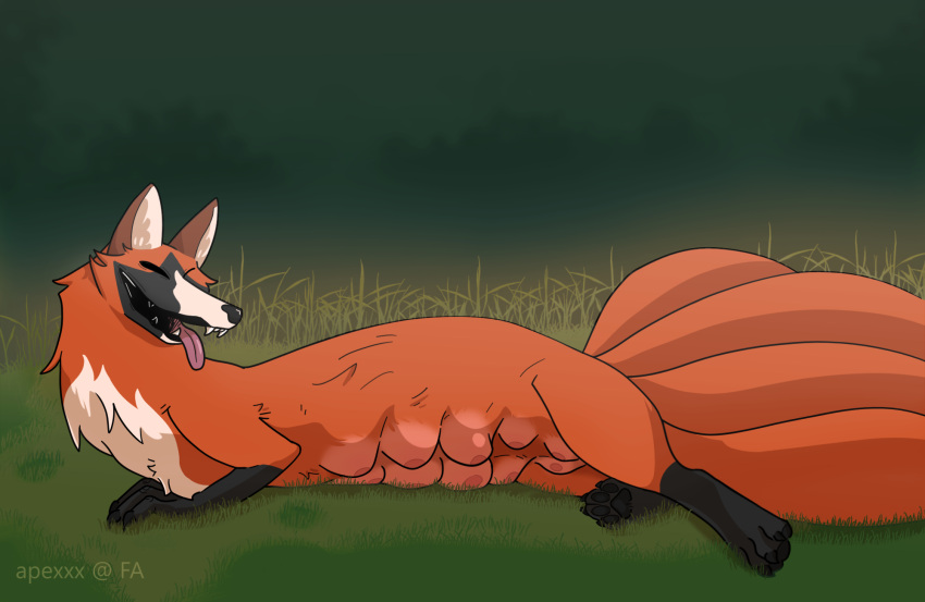 2022 4_tails apex_(artist) black_eyes breasts canid canine claws detailed_background female feral field fox grass hi_res katabasis_(web_serial) lying mammal multi_breast multi_tail nipples plant smile solo tongue tongue_out webcomic_character yuli_morevna