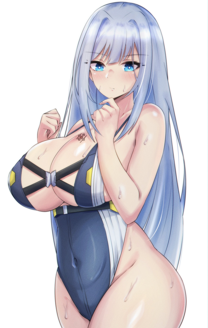 absurdres alternate_costume blue_eyes breast_tattoo breasts ethel_(xenoblade) grey_hair highres large_breasts latte long_hair one-piece_swimsuit simple_background solo swimsuit tattoo very_long_hair white_background xenoblade_chronicles_(series) xenoblade_chronicles_3