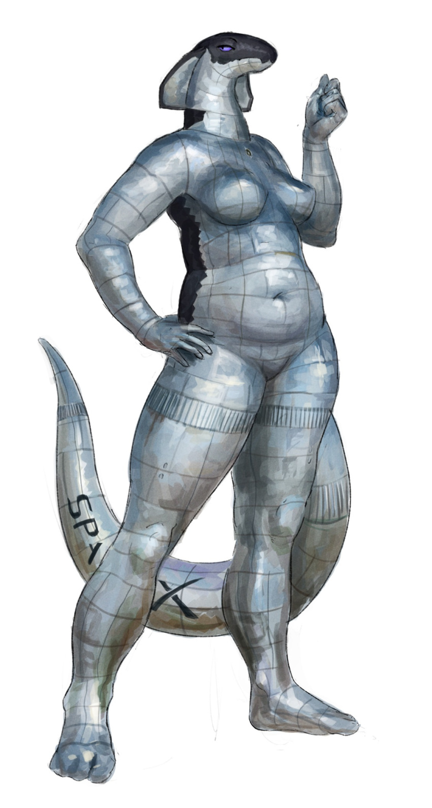 2022 aircraft anthro breasts cettus colored digital_drawing_(artwork) digital_media_(artwork) eyebrows featureless_breasts featureless_crotch female hand_on_hip hi_res living_aircraft living_machine living_vehicle looking_aside machine navel nude purple_eyes shaded slightly_chubby solo space_shuttle spacecraft spacex spacex_starship standing vehicle