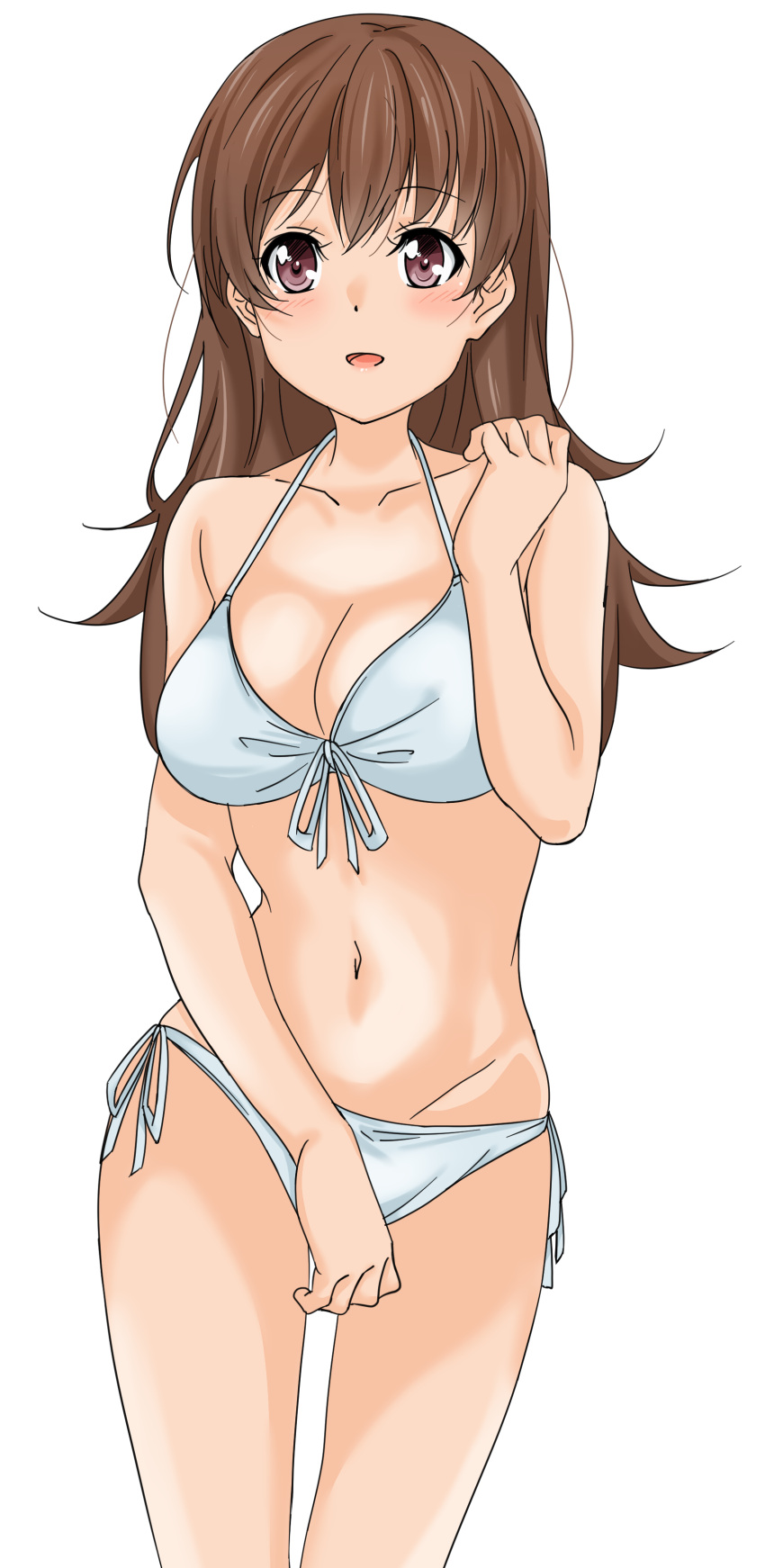 1girl absurdres bikini breasts brown_eyes brown_hair cleavage cowboy_shot front-tie_top highres kantai_collection long_hair maonatten medium_breasts navel ooi_(kancolle) side-tie_bikini_bottom simple_background solo standing swimsuit white_background white_bikini