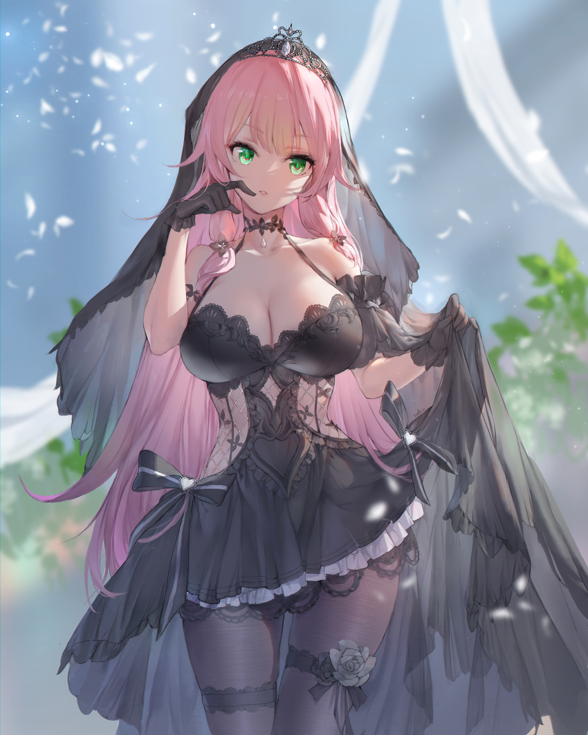 1girl absurdres bangs bare_shoulders black_dress black_gloves black_pantyhose breasts cleavage dress gloves green_eyes highres large_breasts long_hair looking_at_viewer original pantyhose parted_lips pink_hair swd3e2 thigh_strap thighs