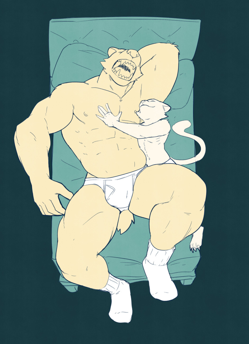 2022 abs absurd_res anthro anthro_on_anthro barefoot bed big_bulge big_muscles blue_background briefs bulge claws clothing cuddling duo embrace eyes_closed feet felid feline footwear fur furniture hand_behind_head hand_on_chest hi_res hug huge_muscles jrjresq lying male male/male mammal muscular muscular_anthro muscular_male navel nipples obliques on_back on_bed on_side open_mouth pecs pillow simple_background size_difference sleeping smile socks teeth thick_thighs tighty_whities tongue tuft underwear white_briefs white_clothing white_underwear