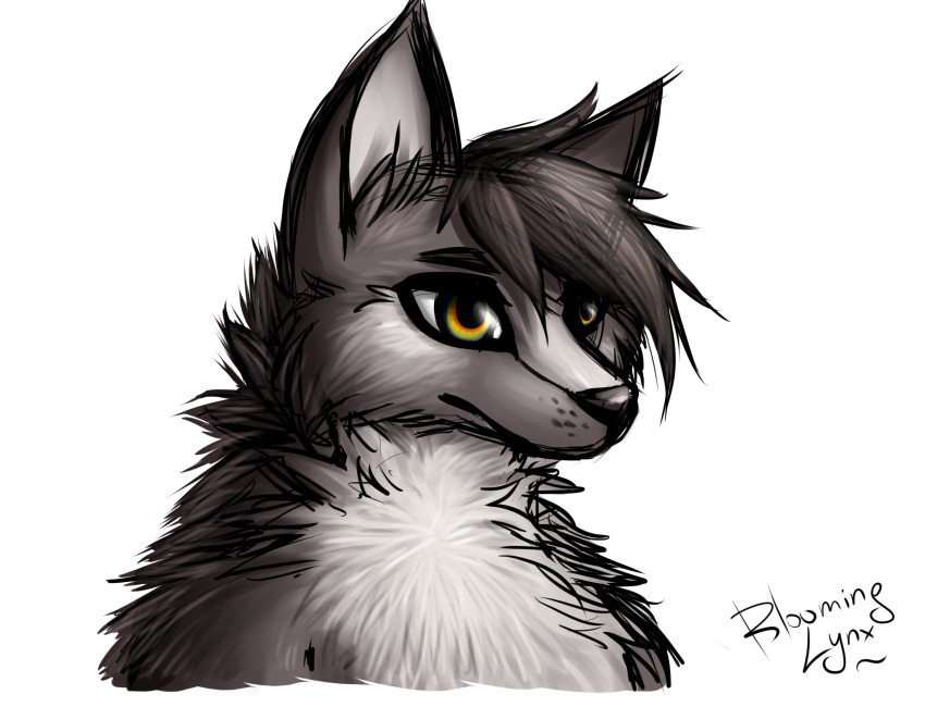 anthro black_eyebrows black_nose bloominglynx bust_portrait cheek_tuft chest_tuft colored_sketch eyebrows facial_tuft fur glistening glistening_nose green_eyes grey_body grey_ears grey_fur grey_hair hair hi_res male mouth_closed multicolored_eyes neck_tuft orange_eyes portrait shoulder_tuft signature simple_background sketch solo tuft two_tone_eyes white_background white_body white_fur white_inner_ear