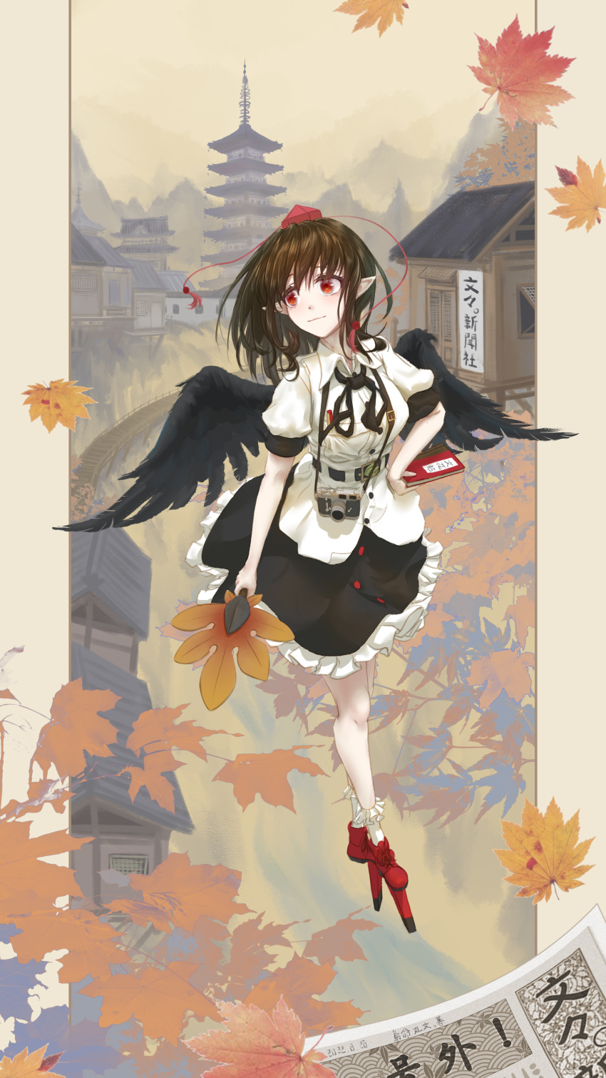 1girl absurdres autumn_leaves bangs bare_legs bird_wings black_hair black_ribbon black_skirt black_wings book bridge bunbunmaru buttons camera closed_mouth collared_shirt fasnakegod feathered_wings fog frilled_skirt frilled_socks frills geta hair_between_eyes hat highres holding holding_book house leaf legs looking_to_the_side medium_hair newspaper pen pointy_ears puffy_sleeves red_button red_eyes red_footwear red_headwear ribbon scenery shameimaru_aya shirt short_sleeves skirt sky socks solo tengu tengu-geta tokin_hat touhou village white_shirt white_sleeves wings