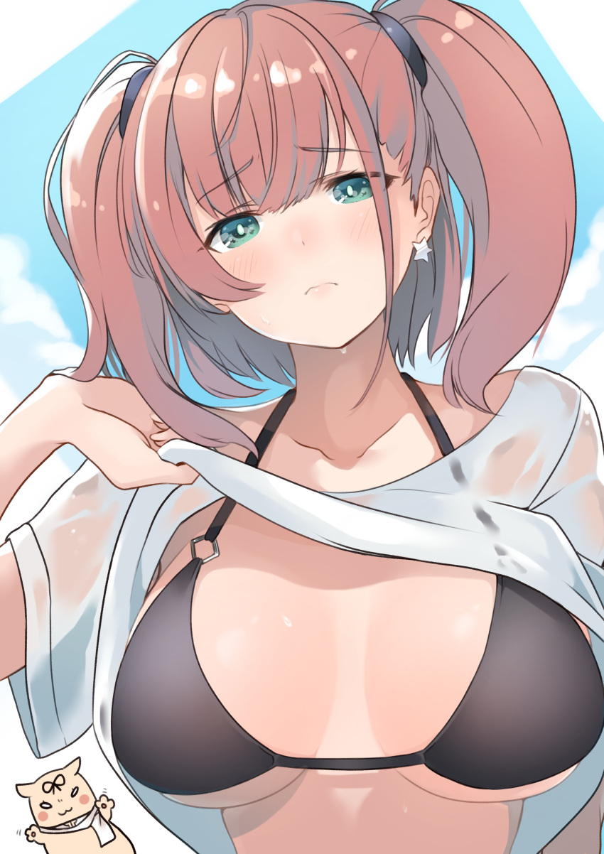 1girl absurdres atlanta_(kancolle) bikini black_bikini blue_eyes blush breasts brown_hair closed_mouth collarbone dyson_(edaokunnsaikouya) earrings highres jewelry kantai_collection large_breasts long_hair single_earring solo star_(symbol) star_earrings swimsuit the_yuudachi-like_creature two_side_up upper_body