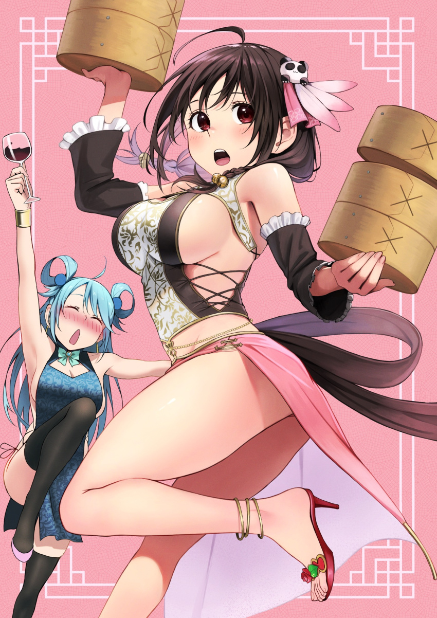 2girls :o alternate_costume alternate_hairstyle anklet aqua_(konosuba) arm_up ass bangs bare_shoulders bell belly_chain black_thighhighs blush bow bowtie braid breasts china_dress chinese_clothes cleavage clothing_request detached_sleeves dress earrings frilled_sleeves frills from_side green_bow green_bowtie hair_bell hair_ornament hair_ribbon hair_rings high_heels highres holding izawa_(bhive003) jewelry knee_up kono_subarashii_sekai_ni_shukufuku_wo! large_breasts long_hair long_sleeves multiple_girls open_mouth panda_hair_ornament pink_background red_eyes red_footwear ribbon shiny shiny_hair sideboob teeth thighhighs twin_braids twintails upper_teeth yunyun_(konosuba)
