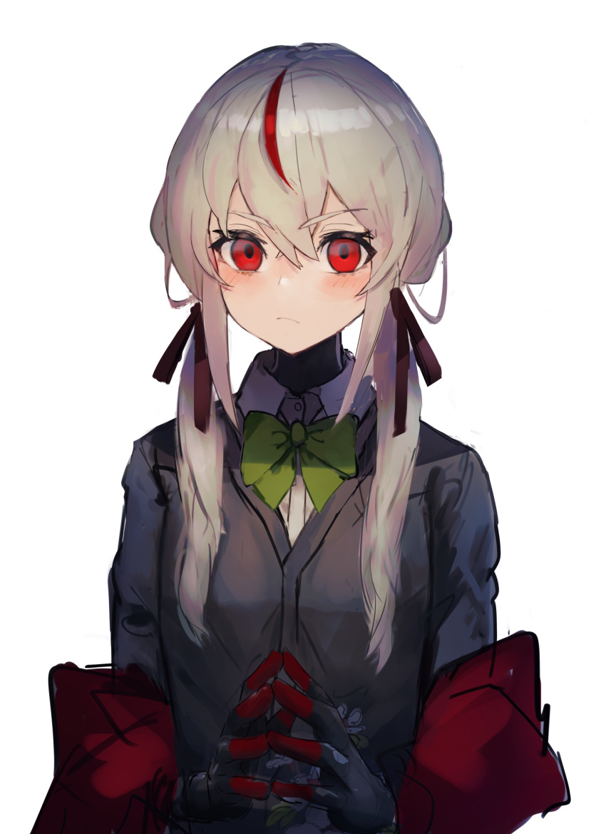 1girl albino blush bow cardigan closed_mouth frown gloves green_bow grey_cardigan highres long_hair low_twintails multicolored_hair original red_eyes red_hair shirt sketch solo twintails volvox819 white_hair white_shirt