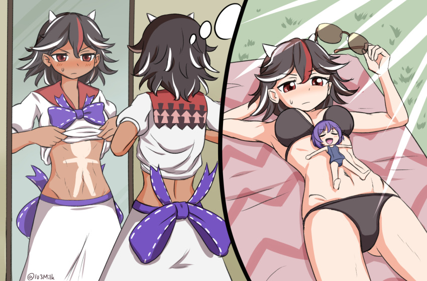 2girls :/ arrow_(symbol) ass bikini black_bikini black_hair blue_one-piece_swimsuit blush blush_stickers bow clothes_lift cowboy_shot dark_skin doyagao flipped_hair groin holding holding_eyewear horns igu_(103milk) kijin_seija lifted_by_self looking_at_mirror lying minigirl mirror multicolored_hair multiple_girls navel on_back one-piece_swimsuit purple_bow purple_hair red_hair revealing_tanlines shirt shirt_lift short_hair size_difference skirt smug stomach streaked_hair sukuna_shinmyoumaru sunbathing sweatdrop swimsuit tan tanlines thought_bubble touhou v-shaped_eyebrows white_hair white_shirt white_skirt