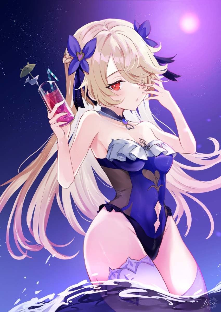 1girl bangs bare_arms bare_shoulders blonde_hair bow breasts butterfly_hair_ornament choker clothing_cutout collarbone cup drinking_glass drinking_straw fischl_(genshin_impact) frilled_swimsuit frills genshin_impact groin hair_bow hair_ornament hair_over_one_eye hair_ribbon hands_up heart highleg highleg_swimsuit highres holding holding_cup jura long_hair moon navel navel_cutout night parted_lips purple_bow purple_choker purple_moon purple_one-piece_swimsuit purple_ribbon red_eyes ribbon see-through see-through_swimsuit sidelocks small_breasts solo standing star_(sky) swimsuit thighhighs thighs water white_thighhighs