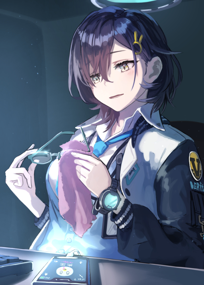1girl absurdres blue_archive blue_hair breasts cellphone chihiro_(blue_archive) cleaning_glasses eyewear_removed glasses green_eyes halo highres jacket keyboard_(computer) kuro_shiraga large_breasts multicolored_clothes multicolored_jacket necktie phone short_hair smartphone two-tone_jacket watch wet_wipes wristwatch