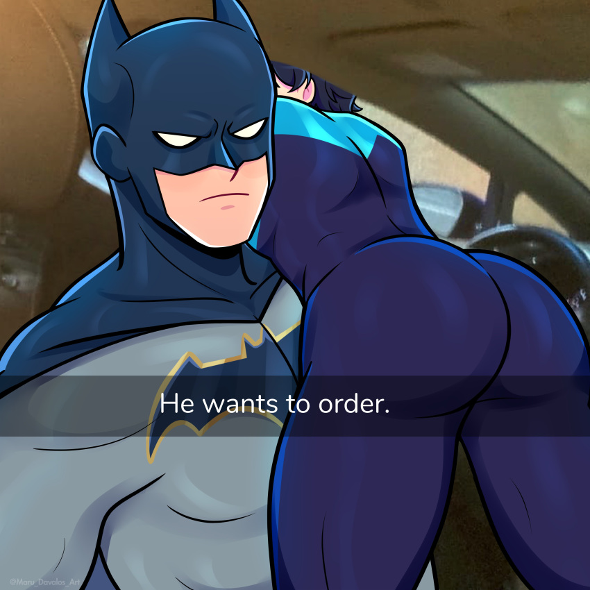 2boys absurdres ass ass_focus batman batman_(series) black_bodysuit black_cape blue_bodysuit bodysuit bruce_wayne cape closed_mouth dc_comics dick_grayson drive-thru english_text grey_bodysuit he_wants_to_order_(meme) highres looking_at_viewer lying_on_person male_focus marudavalosart mask meme multiple_boys nightwing rear-view_mirror selfie two-tone_bodysuit