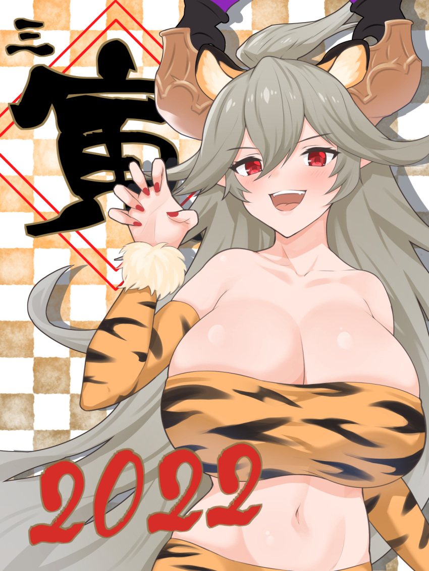 2022 :d arm_warmers bandeau bare_shoulders blush breasts checkered_background chinese_zodiac claw_pose cleavage draph fang granblue_fantasy grey_hair highres horns huge_breasts lancer24 long_hair midriff navel pointy_ears red_eyes red_nails smile threo_(granblue_fantasy) tiger_stripes upper_body very_long_hair year_of_the_tiger