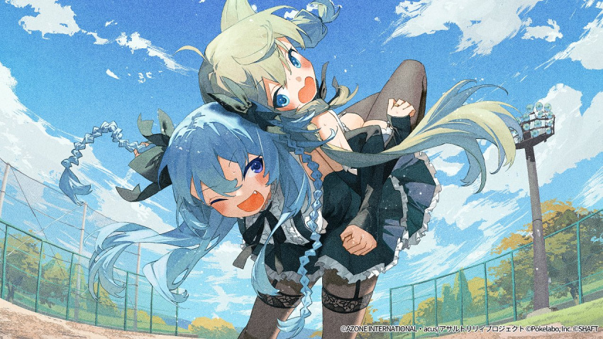 2girls ;d ahoge assault_lily assisted_stretching back-to-back bangs bare_shoulders bent_over black_bow black_ribbon black_skirt blue_eyes blue_hair blue_sky blush bow braid breasts brown_pantyhose brown_thighhighs center_frills commentary_request cowboy_shot day detached_sleeves fang fence floating_hair frilled_shirt frilled_shirt_collar frilled_skirt frills garter_straps green_hair hair_between_eyes hair_bow high-waist_skirt jewelry kanabako_misora lifting_person light_particles locked_arms long_hair long_sleeves looking_at_viewer looking_back medium_breasts miniskirt mori_tatsuki multiple_girls neck_ribbon official_art one_eye_closed open_mouth outdoors pantyhose potg_(piotegu) ribbon ring school_uniform shirt sidelocks skirt sky sleeveless sleeveless_shirt sleeves_past_wrists smile standing stretching suspender_skirt suspenders sweat thighhighs tree twin_braids v-shaped_eyebrows watermark wavy_mouth white_shirt yurigaoka_girls_academy_school_uniform zettai_ryouiki