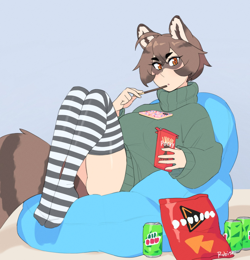 1girl absurdres ahoge animal_ear_fluff animal_ears artist_name bangs bean_bag_chair breasts brown_hair can cellphone commentary doritos english_commentary food full_body green_sweater highres large_breasts long_sleeves looking_at_viewer mountain_dew no_shoes orange_eyes original parted_lips phone pocky puffy_long_sleeves puffy_sleeves raccoon_ears raccoon_girl raccoon_tail rob_ishi short_hair smartphone solo striped striped_thighhighs sweater tail thighhighs turtleneck turtleneck_sweater