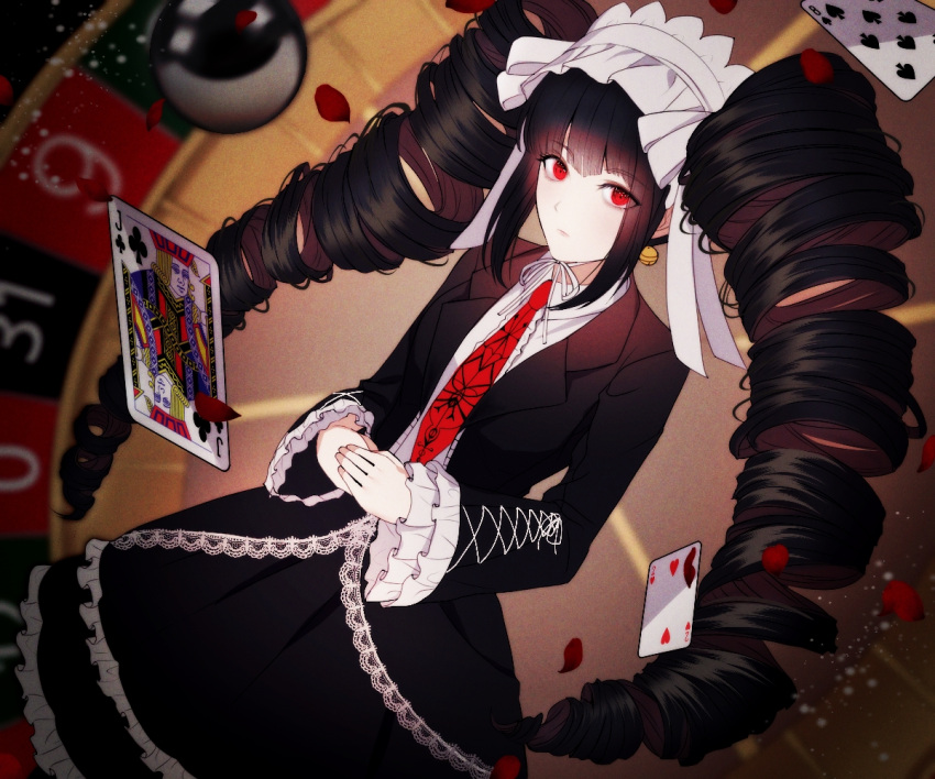 1girl ball bangs black_hair black_jacket blurry blurry_background bonnet card celestia_ludenberg collared_shirt danganronpa:_trigger_happy_havoc danganronpa_(series) drill_hair dutch_angle earrings headdress jacket jewelry kkochmeli lace-trimmed_skirt lace_trim layered_skirt long_hair long_sleeves looking_at_viewer necktie open_clothes open_jacket own_hands_together playing_card print_necktie red_necktie roulette_table shirt skirt solo table twin_drills twintails white_shirt