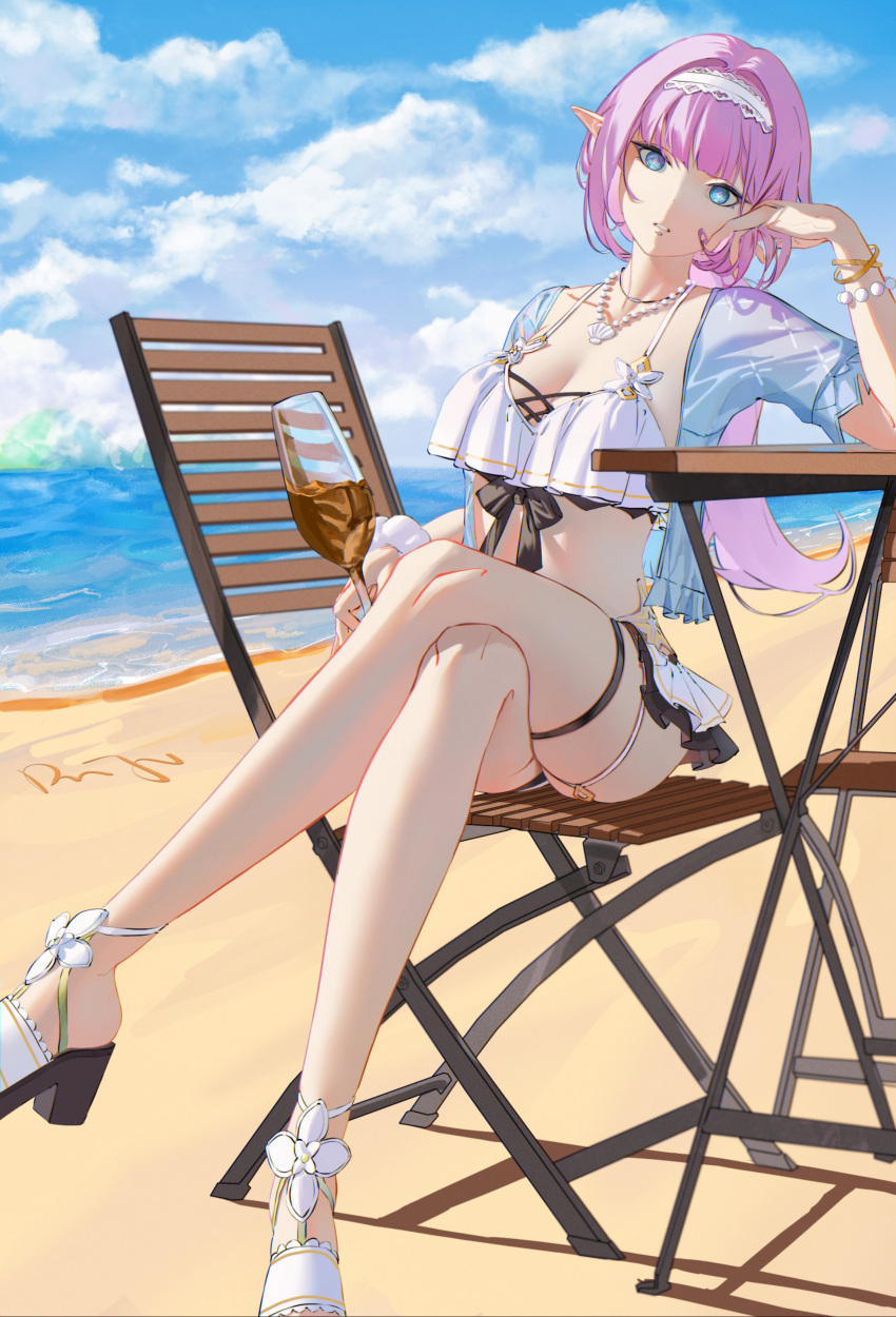 1girl absurdres alcohol bangs beach bikini bikini_skirt blue_eyes blue_jacket breasts chair cleavage cloud cloudy_sky crossed_legs cup drinking_glass duju_jiugong_zhong elf elysia_(honkai_impact) elysia_(miss_pink_elf) frilled_bikini frills headband highres holding holding_cup honkai_(series) honkai_impact_3rd jacket long_hair looking_at_viewer open_clothes open_jacket outdoors pink_hair pointy_ears ponytail sandals shadow short_sleeves sitting sky swimsuit table water wine wine_glass