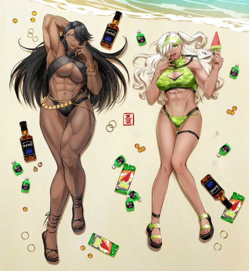 2girls abs absurdres alcohol anklet arm_behind_head ass_visible_through_thighs beach belly_chain bikini black_bikini black_hair black_nails breasts candy coin commentary dark-skinned_female dark_skin eyelashes eyeshadow fang food from_above fruit full_body hair_over_one_eye halterneck hand_in_mouth highres jewelry large_breasts leg_belt long_hair lying makeup multiple_girls muscular muscular_female nail_polish navel_piercing ocean on_back original piercing popsicle popsicle_stick sand sandals smile sunsirou swimsuit symbol-only_commentary tan thick_thighs thighs toenail_polish toenails watermelon