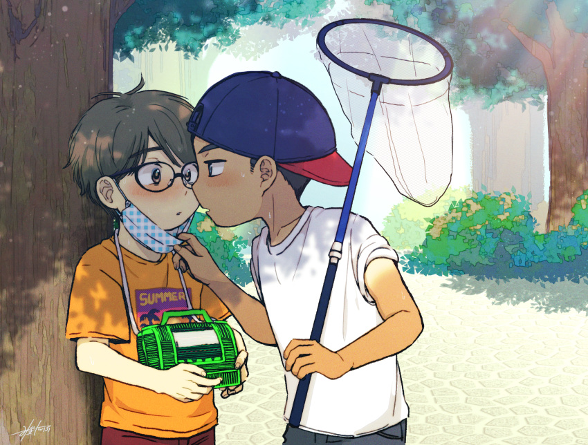 2boys antenna_hair backwards_hat baseball_cap black_hair blush brown_hair bush butterfly_net child child_on_child clothes_lift commentary_request dappled_sunlight day eye_contact eyewear_on_head face-to-face forehead-to-forehead full-face_blush hand_net hat heads_together highres holding holding_butterfly_net imminent_kiss incoming_kiss looking_at_another male_child male_focus mask mouth_mask multiple_boys net oginy open_mouth original outdoors pulling radio shirt short_hair summer sunlight tan tanlines white_shirt yaoi yellow_shirt