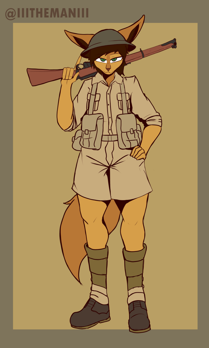 3:5 5_fingers absurd_res anthro armor brown_body brown_fur brown_hair brown_nose canid clothed clothing fingers fluffy fluffy_tail fur green_eyes gun hair hand_on_hip headgear helmet hi_res holding_object holding_weapon looking_at_viewer male mammal military pupils ranged_weapon rifle slit_pupils solo the_man watermark weapon