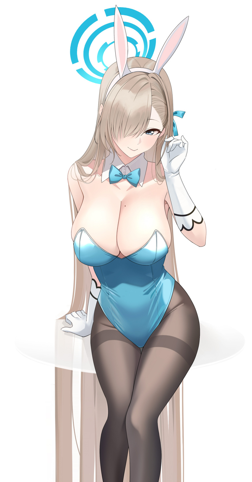 1girl absurdly_long_hair absurdres animal_ears asuna_(blue_archive) asuna_(bunny)_(blue_archive) blonde_hair blue_archive blue_bow blue_bowtie blue_eyes blue_leotard blue_ribbon bow bowtie breasts cleavage closed_mouth detached_collar elbow_gloves fake_animal_ears gloves hair_over_one_eye hair_ribbon hairband halo hand_up highres large_breasts leotard long_hair mole mole_on_breast pantyhose playboy_bunny rabbit_ears ribbon sitting smile solo thighband_pantyhose very_long_hair white_gloves white_hairband wing_collar xiaoxiao_de_kuangsan