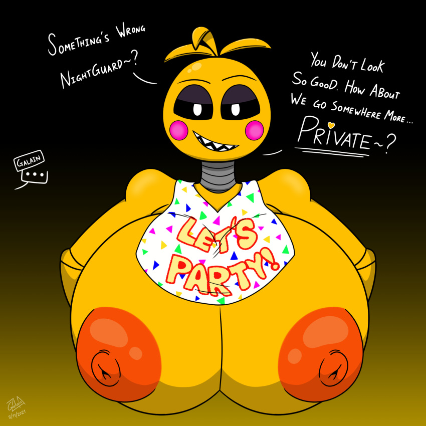 ... animatronic anthro areola avian beakless bib big_breasts bird black_sclera blush blush_stickers breasts bust_portrait chicken english_text female five_nights_at_freddy's five_nights_at_freddy's_2 galainza galliform gallus_(genus) half-closed_eyes hi_res huge_breasts looking_at_viewer machine narrowed_eyes nipples non-mammal_breasts orange_areola orange_nipples phasianid portrait question_mark robot scottgames smile solo text toy_chica_(fnaf) video_games white_eyes yellow_body