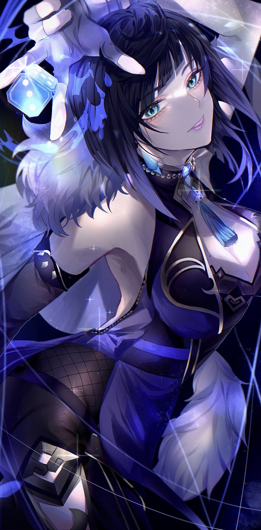 1girl absurdres aqua_eyes arm_up bangs bead_choker beads black_background black_hair breasts choker cleavage commentary diagonal_bangs dice eyelashes feather-trimmed_jacket feather_trim fingerless_gloves fishnets genshin_impact gloves highres jacket jacket_on_shoulders jewelry large_breasts long_hair looking_at_viewer mole mole_on_breast mora_ga_nee multicolored_hair parted_lips purple_hair short_hair simple_background solo symbol-only_commentary tassel white_gloves white_jacket yelan_(genshin_impact)