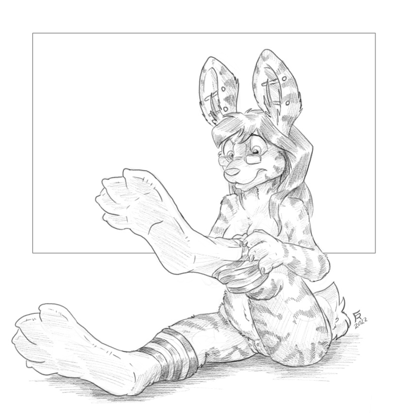 anthro breasts clothing ear_piercing eyewear female flinters footwear footwear_only fur genitals glasses hair hi_res lagomorph leporid mammal mostly_nude piercing pussy rabbit scut_tail short_tail socks socks_only solo striped_body striped_fur stripes