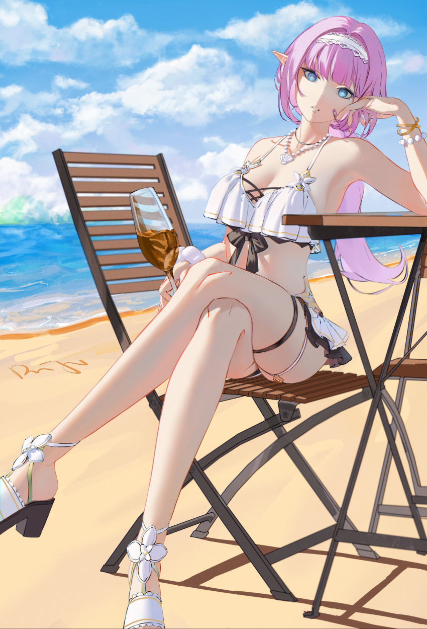 1girl absurdres alcohol bangs beach bikini bikini_skirt blue_eyes breasts chair cleavage cloud cloudy_sky crossed_legs cup drinking_glass duju_jiugong_zhong elf elysia_(honkai_impact) elysia_(miss_pink_elf) frilled_bikini frills headband highres holding holding_cup honkai_(series) honkai_impact_3rd long_hair looking_at_viewer outdoors pink_hair pointy_ears ponytail sandals shadow sitting sky swimsuit table water wine wine_glass